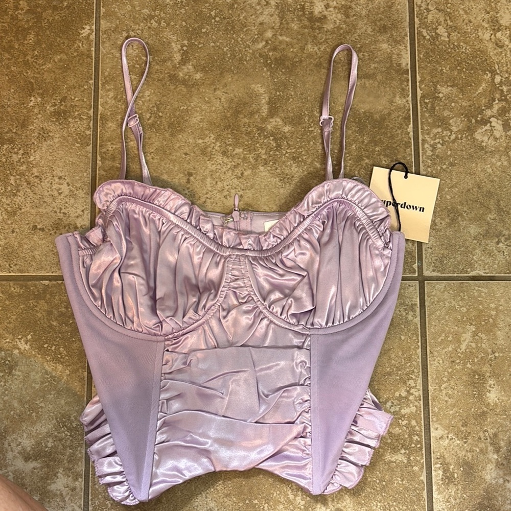 Superdown Purple Satin Tank Top with Sweetheart Neckline